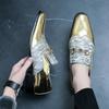 Fashion Men Golden Loafers with PU Splicing Printed Horse Buckle Decoration Fashionable British Style Business Leisure Shoes