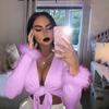 Women Bodycon Cropped Tops Solid Color Shirt  Sexy Short Cropped Top Plunging Neckline Long Sleeve Tops with Fur Cuffs