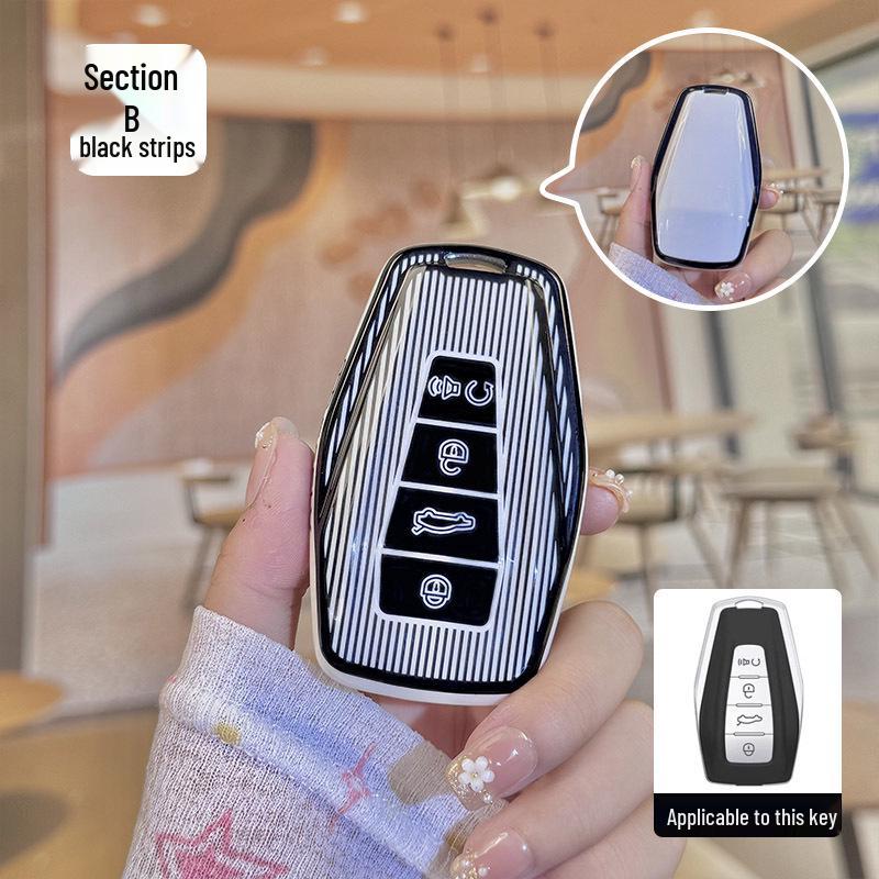 High-End TPU Key Protective Cover for Geely Cars - Black/White and Pink Stripes