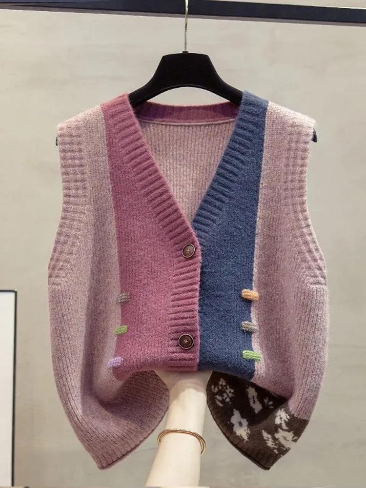 Color-Block V-Neck Knit Cardigan Vest for Women - Autumn/Winter Loose Outerwear Sweater Shawl