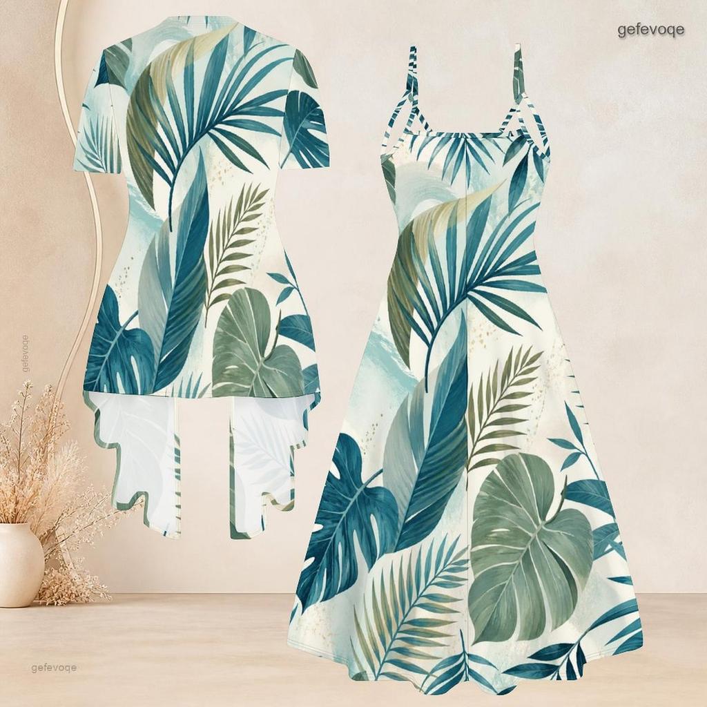 Women Plus Size Two Piece Set Tropical Leaf Printed Short Sleeve Cardigan Strappy V Neck Flared Dress