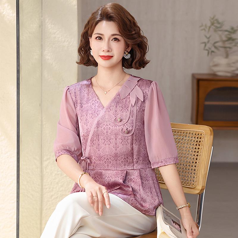 

Chiffon Blouse for Women 50+, Chinese National Style, Short-Sleeved Summer Top for Middle-Aged & Elderly Women 4XL [suggested 130-145 jin] фіолетовий