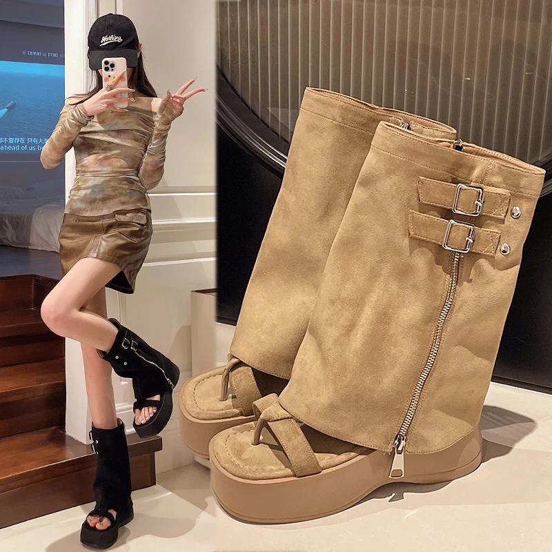 Fashion Platform Women's Sandals Designer Mid Calf Cool Boots Sandals Woman Shoes Summer New Brand Punk Zipper Sandalias De Mujer