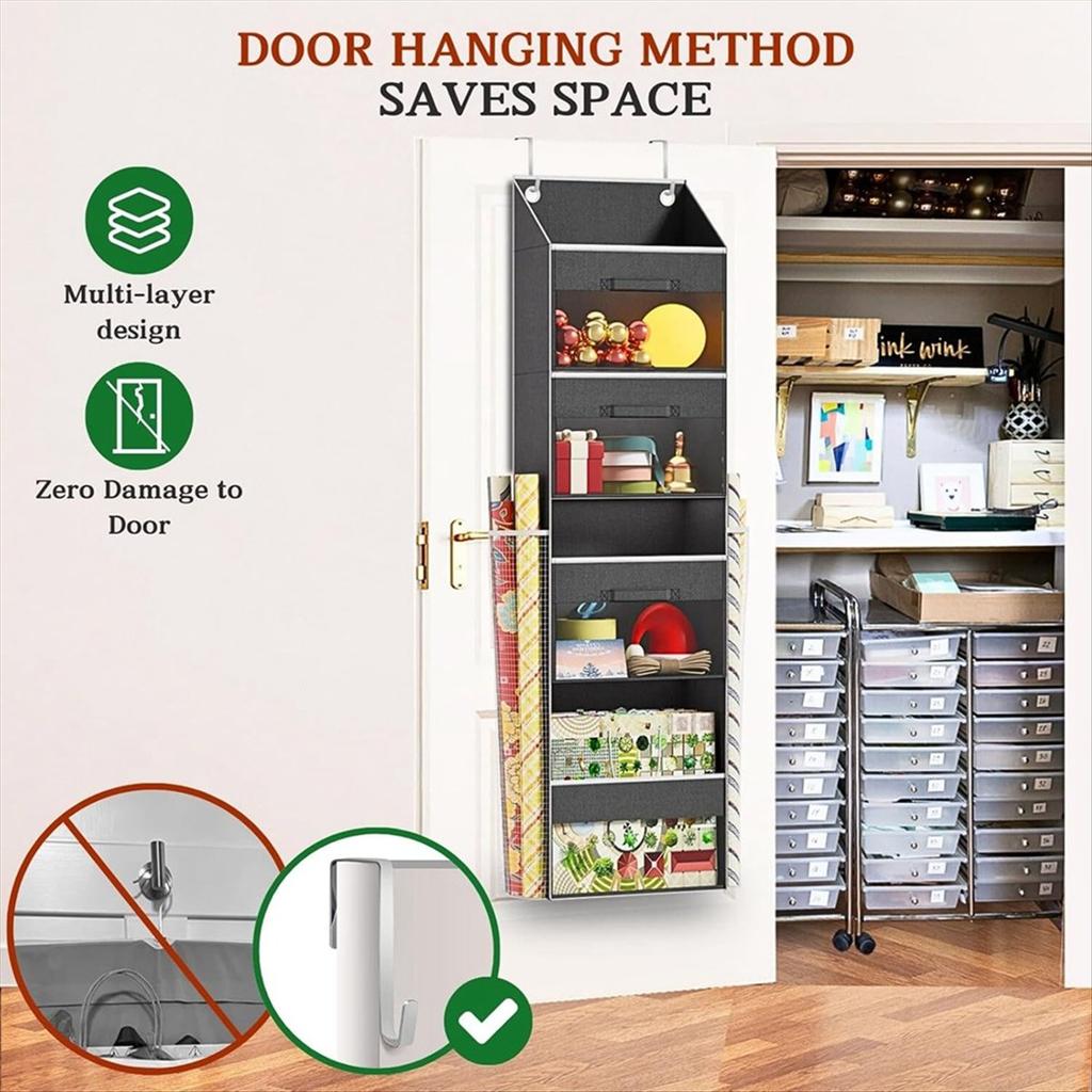 2025+ Over Door Wrapping Paper Organizer Storage with 3 Removable Drawers & Side Pockets - Dual Use Design with Elastic Straps