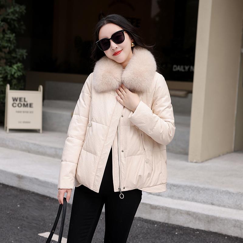 Short down jacket, large fur collar padded jacket, winter new padded jacket, women's thickened warm white duck down jacket
