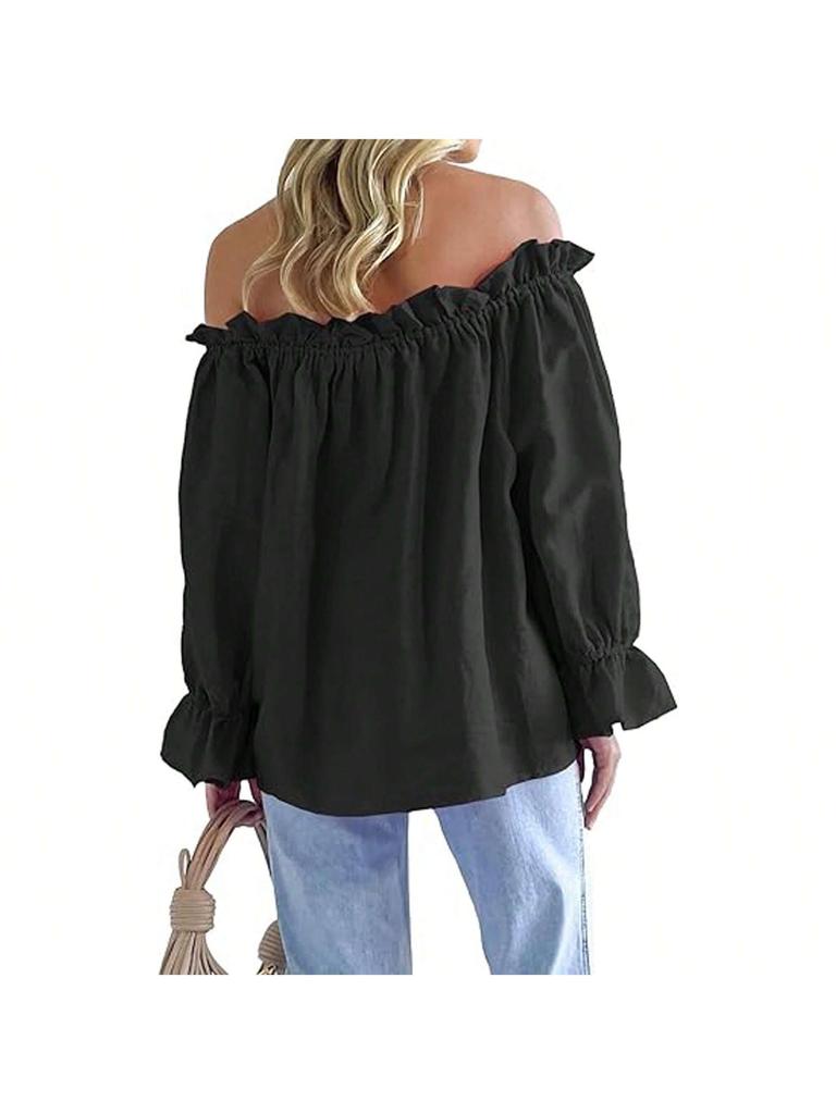 Damen Schulterfrei Bluse Langarm Rüschen Tunika Top Elegant Lässig