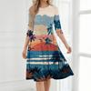 Damen Lässiges Rundhals-Midikleid Hawaiianischer Druck Sommerkleid Halbarm Bequeme Passform Ausgestellter Saum Strandstil-Kleid