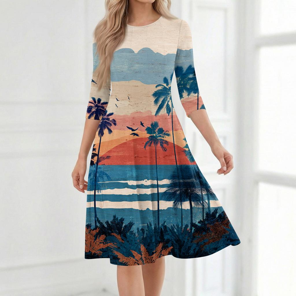 Damen Lässiges Rundhals-Midikleid Hawaiianischer Druck Sommerkleid Halbarm Bequeme Passform Ausgestellter Saum Strandstil-Kleid