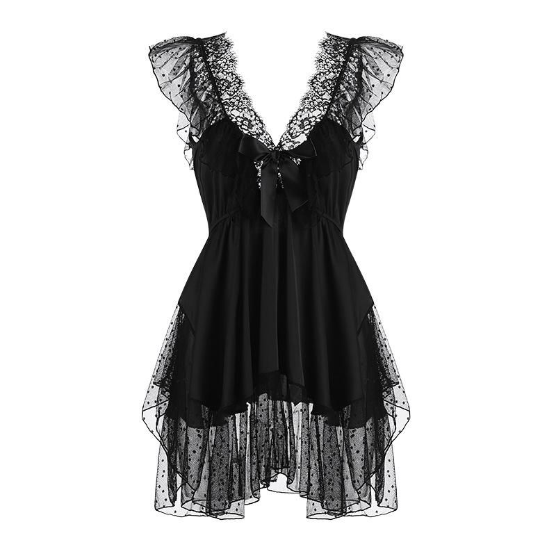 Große Größen Damen Süßes Spitzen-Schlafkleid Pünktchen Netz-Rückenfreies Cami-Nachthemd