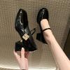 2025 Spring New High-heeled Women's Shoes British Style Buckle Small Leather Shoes Thick Heel Round Head Casual Mary Jane Shoes Women
