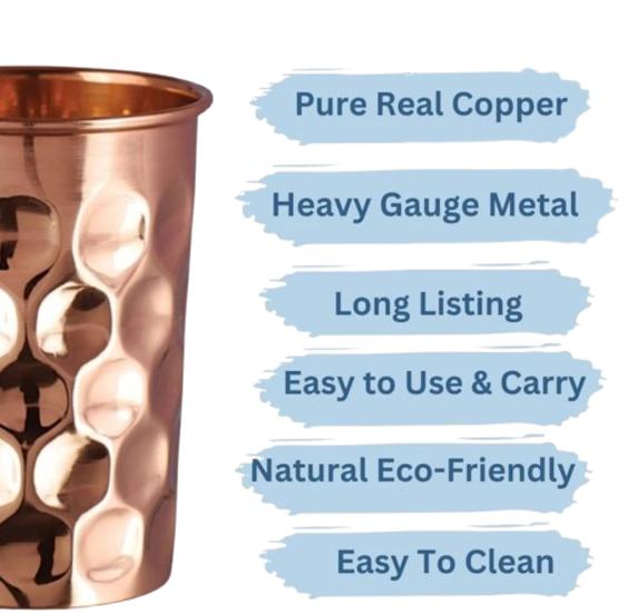 Nirmal Ganga Diamond Design Copper Glass 250ML (Pack of 4) | Pure Copper Water Tumbler | Traditional Reusable Drinkware