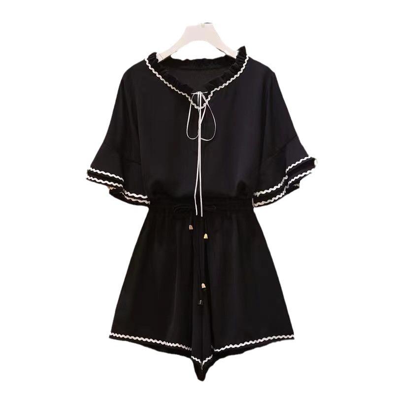 2024 Summer Women’s Korean Hong Kong Style Casual Lotus Sleeve Top & High Waist Wide Leg Shorts Set