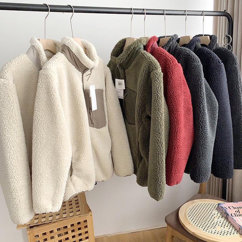 Japanese Couples' Style Stand Collar Lamb Wool Coat - Women's Autumn/Winter, Loose Fit with Pocket & Zipper.