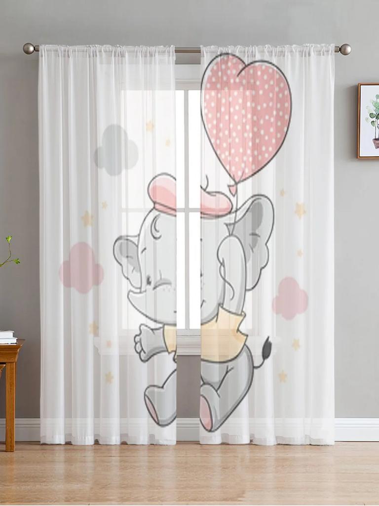 Cartoon Little Elephant With Star And Moon Sheer Curtains For Living Room Window Transparent Voile Tulle Curtain Bedroom Drapes