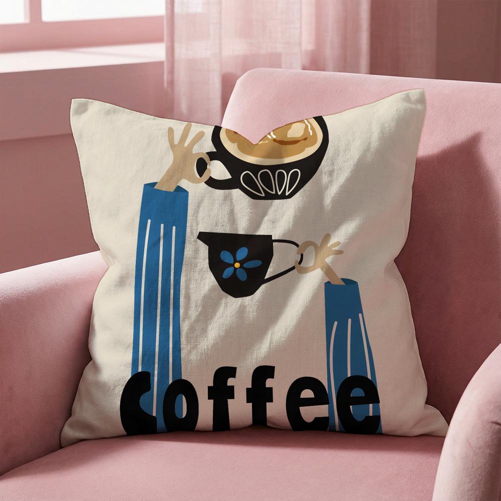 Creative Coffee Illustration Cushion Cover Multi-Scene Pillow Cover for Home & Car - Reversible, Soft & Durable for Daily Use