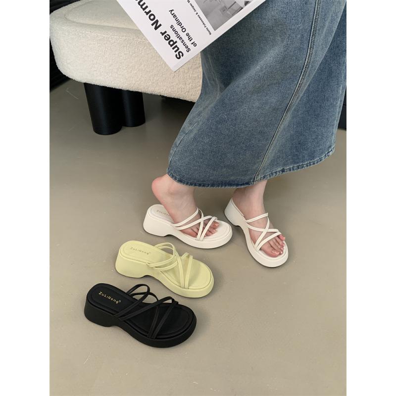 

Small person heightened thick-soled cool slippers black slippers women s summer muffin sole sandals fairy shoes with skirt 39 лимонно-желтый