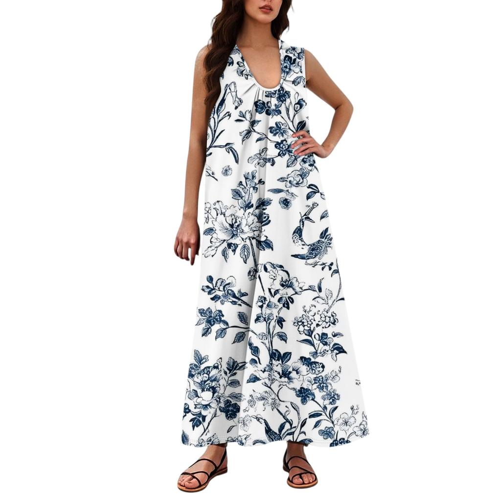 Women's Fashion Casual A-line Floral Printed Hammer Feel Loose Long Skirt With Pockets