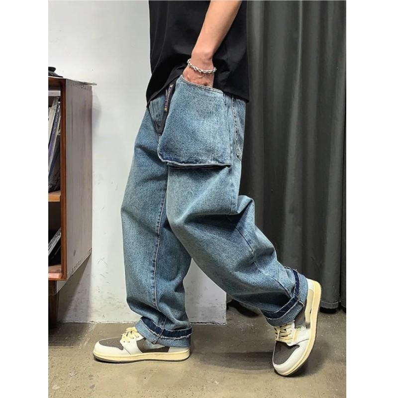 

Мужские джинсы с большим карманом, дизайн для весны и осени, ретро, прямые, повседневные, широкие штанины 3XL синий