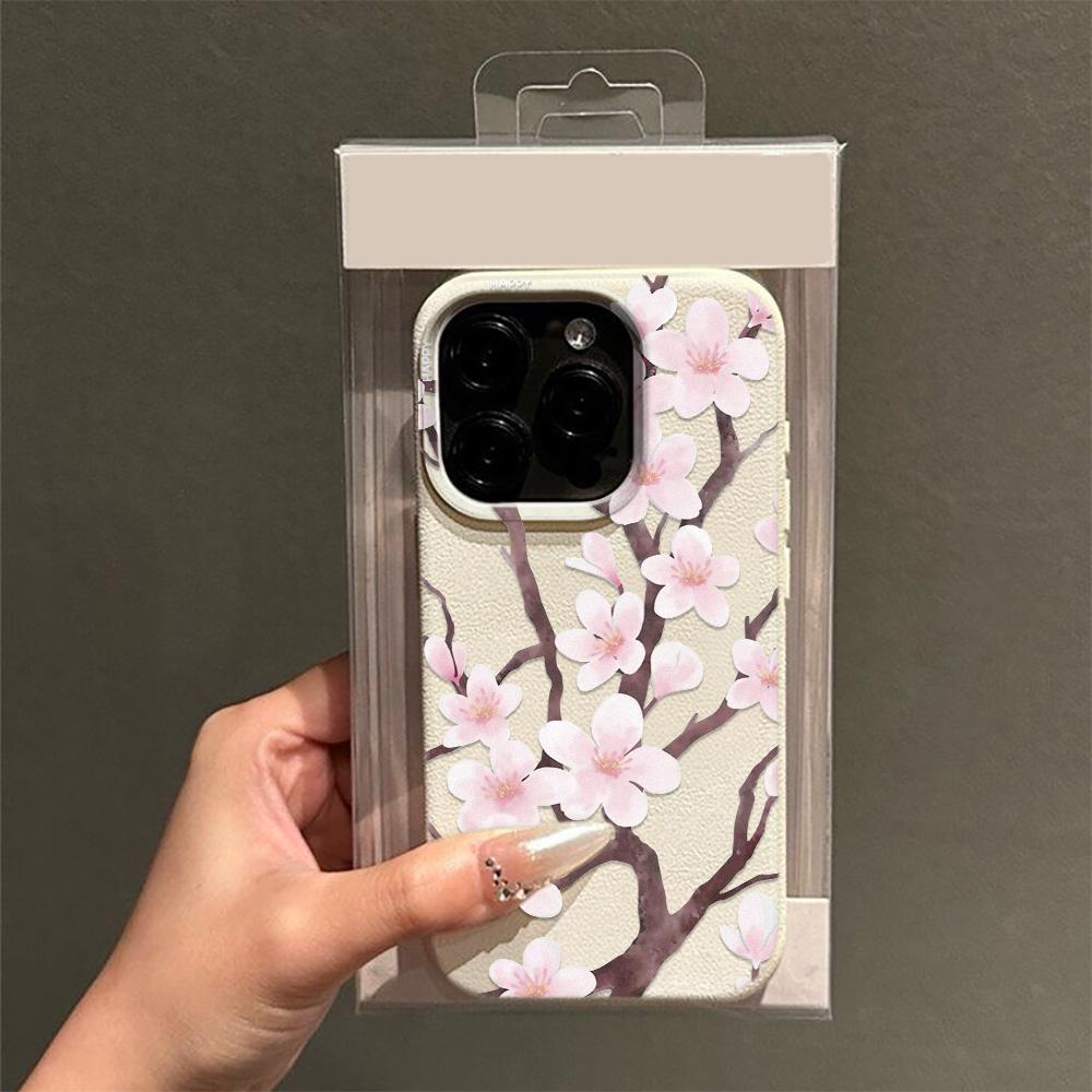 Pink Cherry Blossoms Imitation Leather Phone Case for iPhone 17 Air 16 E 15 14 Plus 13 12 11 Pro Max XS Max Soft Silicone Cover