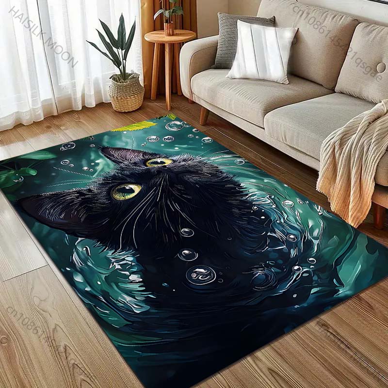 1PC Black cat gazing into bubbles Carpet for Living Room Bedroom Sofa Home Decor Rus Non-slip Floor Mat Luxury Gift