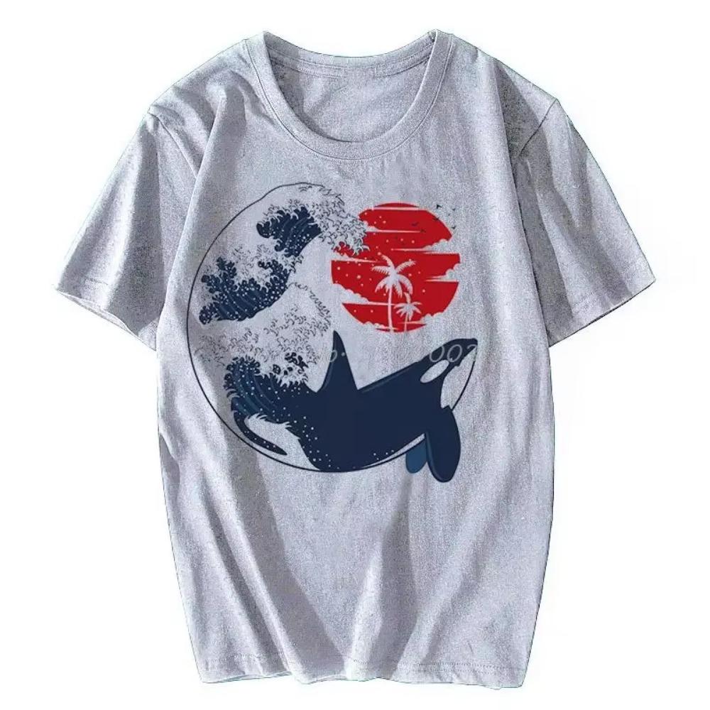Japan Ukiyoe Style Great Killer Orcas Whale Wave Funny Tshirt  T-shirt Men's Clothing Oversized Unisex Tops