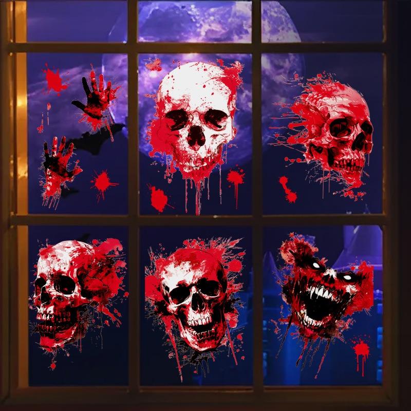 Halloween Horror Skull Head Blood Palm Print Home Atmosphere Decoration Glass Window Static Window Stickers