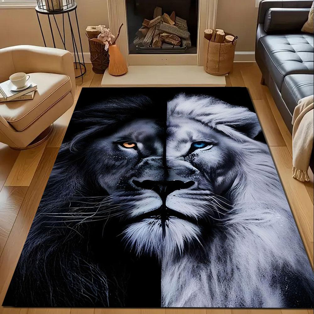 Dual Tone Lion Portrait Rug Patterned Carpet, Non Slip Mat Suitable for Living Room and Bedroom Sofas