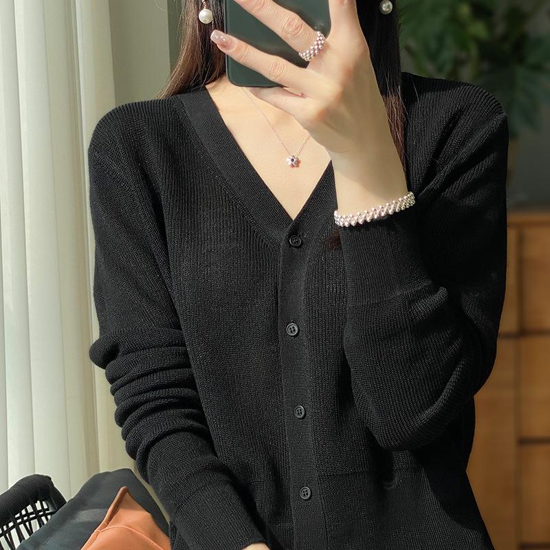 Latest Spring and Summer Ice Silk Cardigan for Women Korean Version Simple Everyday One Tone Top Sun Protection V-neck Slimming Sweater Jacket