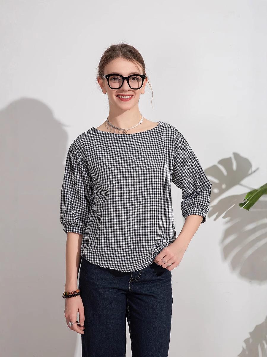 

Japanese Plaid Summer Boat Neck Retro Pullover Blouse L чёрный