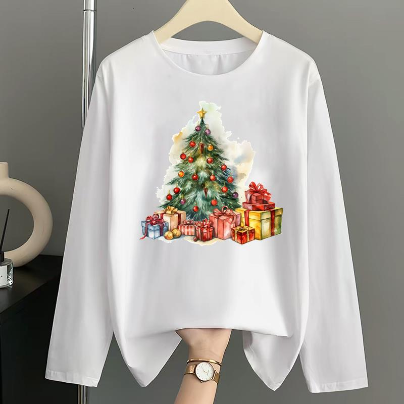 (Asian Size) sweet merry style Print T Shirt Christmas holiday Graphic Tee Women autumn winter Casual Fashion Top Clothing Long Sleeve T-shirts