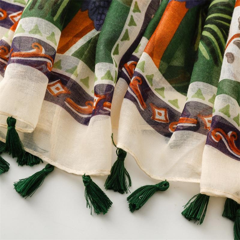 Ladies Scarf Thin Silk Scarf Spring Summer Tropical Plants Flowers Bugs Birds Bali Yarn Women Tassel Shawl