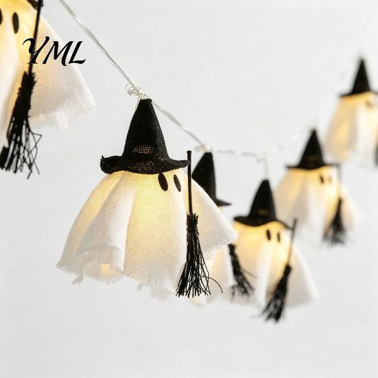 Retro-Textur Halloween-Requisiten Geister-Lichterkette, Hängendes Stoffstück mit Zaubererhut, Fenster-Kamin-Wanddekoration Leuchtende Lichterketten für Zuhause