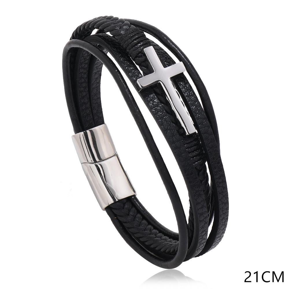 Korean Style Multi-Layer Leather Braided Bracelet with Magnetic Buckle - Men's Imitation Leather Jewelry