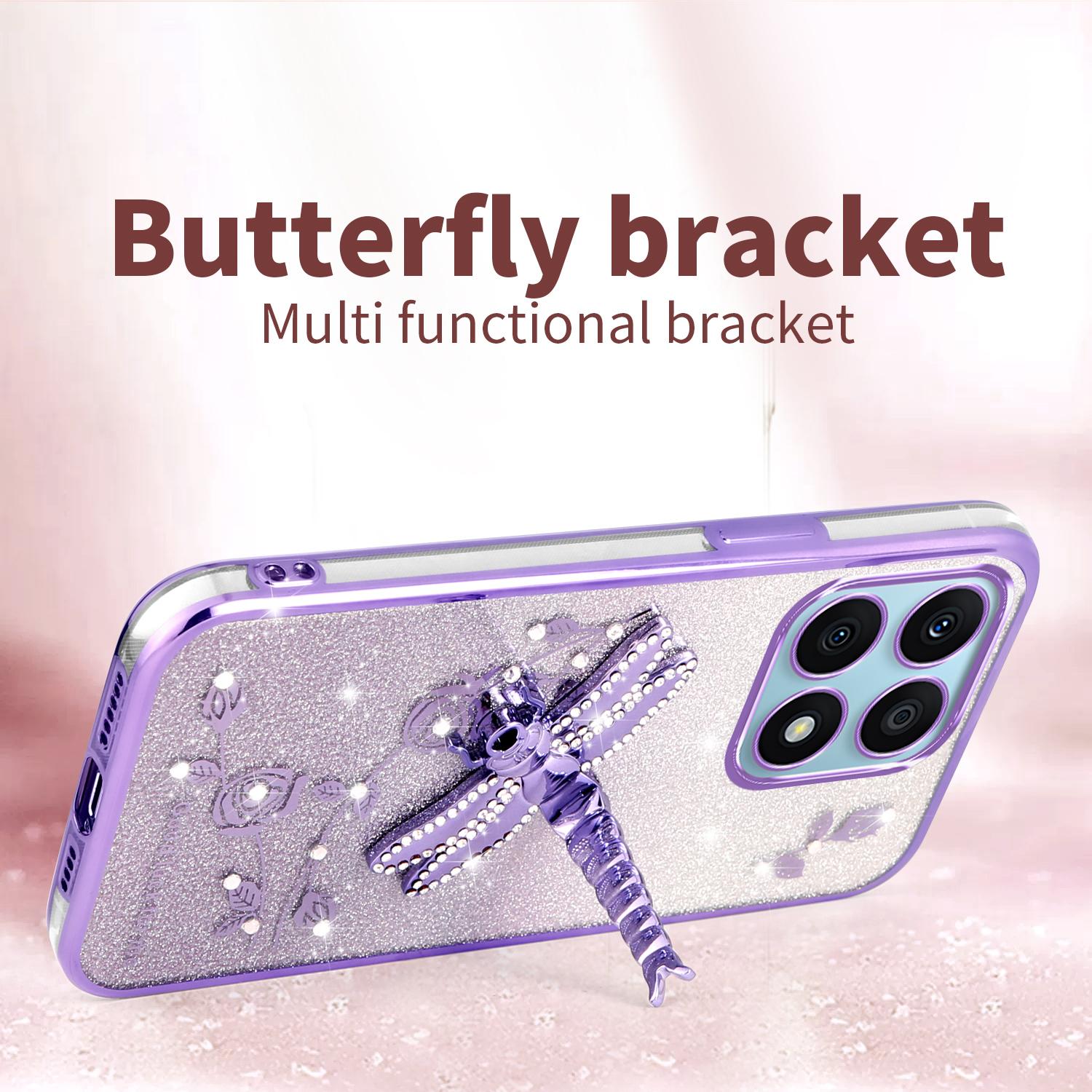 

KADEM For Honor X8a 4G Case Dragonfly Kickstand TPU Flowers Glitter Phone Cover Blue