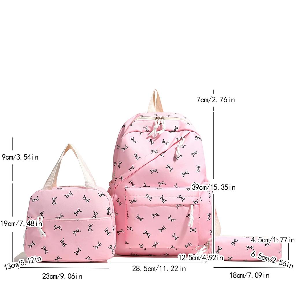 Chic Bow Accent Backpack Set 3Pcs Handbag&Pencil Bag Contrast Stitching Multi Pocket Women's Coordinated Set for Campus Commute