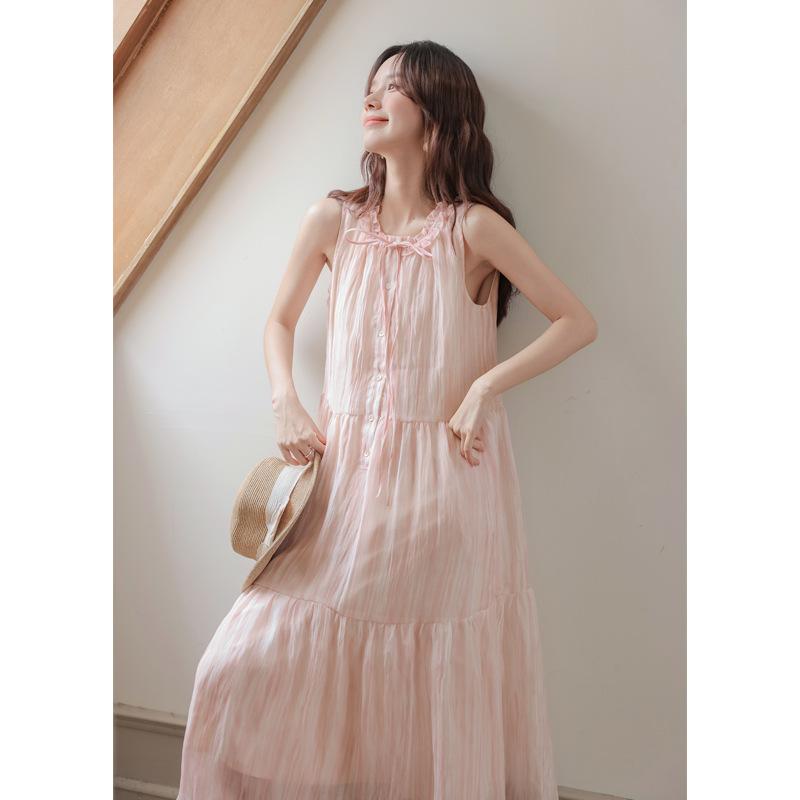 

Летнее шифоновое платье нежно-розового цвета с оборкой, милое платье-майка для чаепития, средней длины, платье феи L