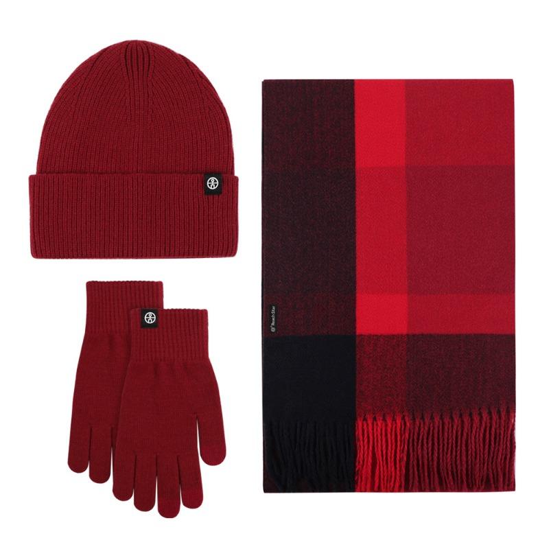 Plaid scarf winter shawl warm suit outdoor cold proof thickened knitted hat scarf gloves three-piece set