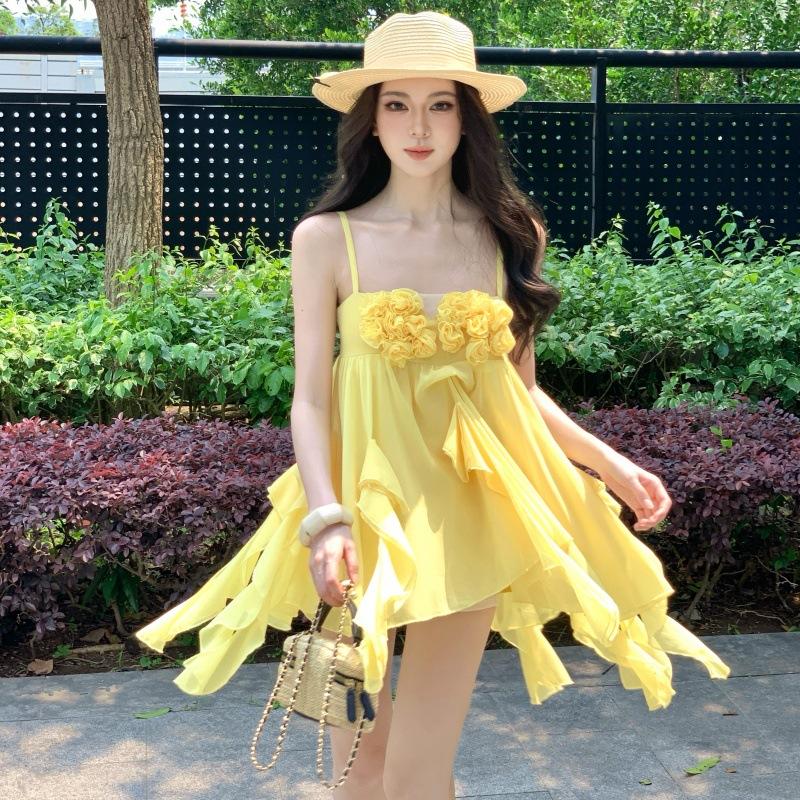 French three-dimensional flower suspender dress women's clothing summer seaside vacation temperament irregular ruffle edge short skirt