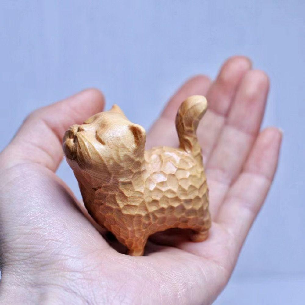 Tiny Cat Sculpture Hand-carved Animal Figurine Cat Ornament Wooden Cat Statue  Desktop