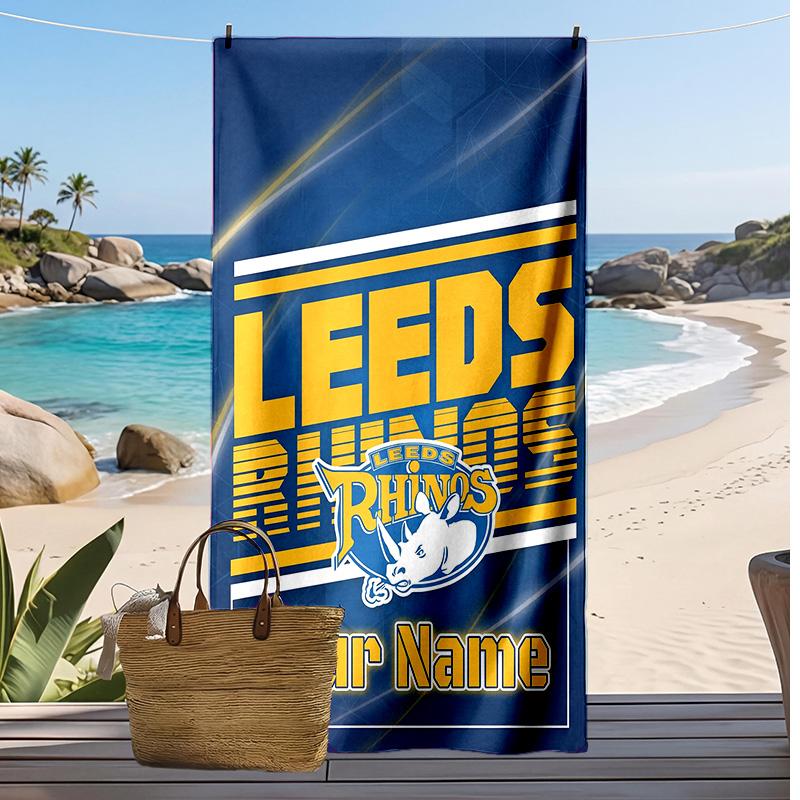 Asciugamano da Spiaggia Personalizzato Leeds Rhinos, Stampa il Tuo Nome Testo Asciugamano Leggero Assorbente per Nuoto Viaggio