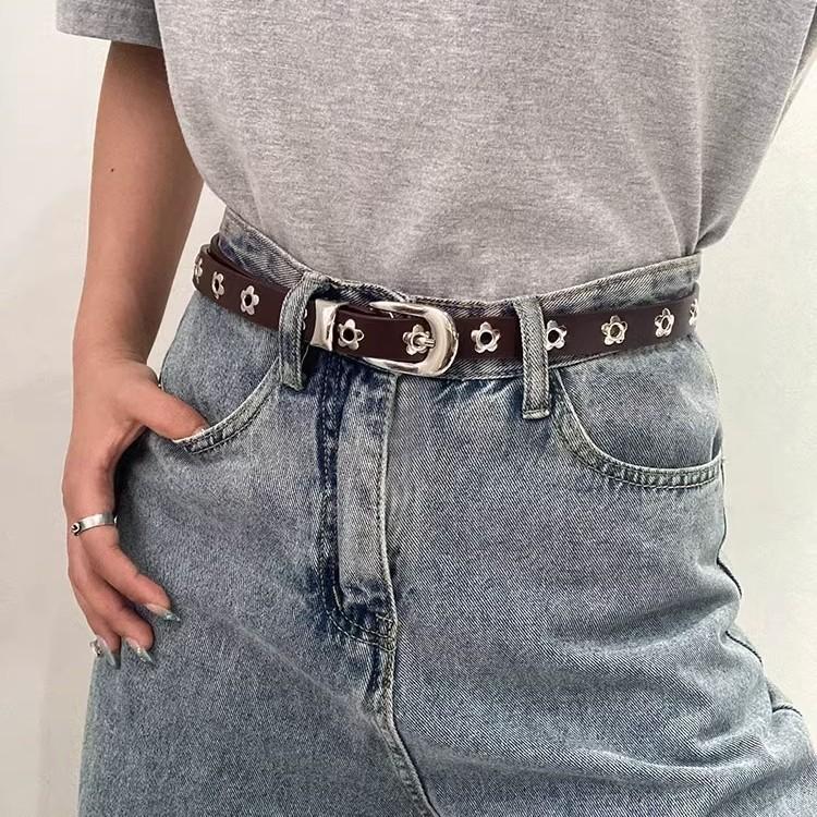 Women Skinny Pu Leather Belt Fashion Floral Decor For Office Wear