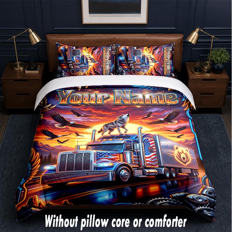 Truck Theme Custom Text Or Name 3Pcs Bedding Set,1 Flat Sheet & 2 Pillowcases Personalized Home Bedding