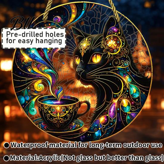 Moon Cat Wall Hanging Halloween Window Decor, Mystical Black Round Sign Cute Accessory for Indoor Outdoor Art, Gothic Home Porch Door Ornament