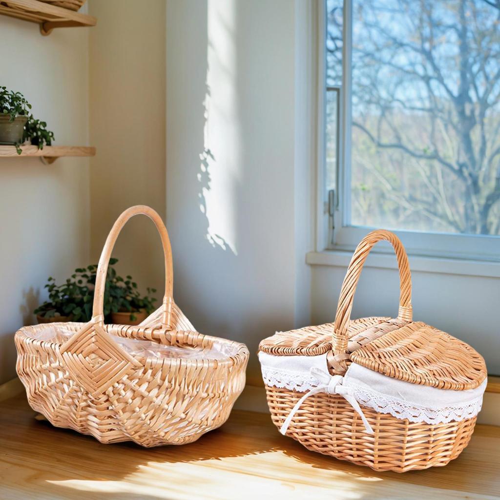 Vintage Rattan Woven Picnic Basket Hand-held Storage Basket With Handle Barbecue Accessories Wicker Woven Flower Basket