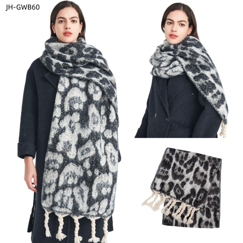 Europe, America, autumn and winter new imitation mohair circle sand jacquard leopard print knotted tassel scarf women's thickened shawl factory