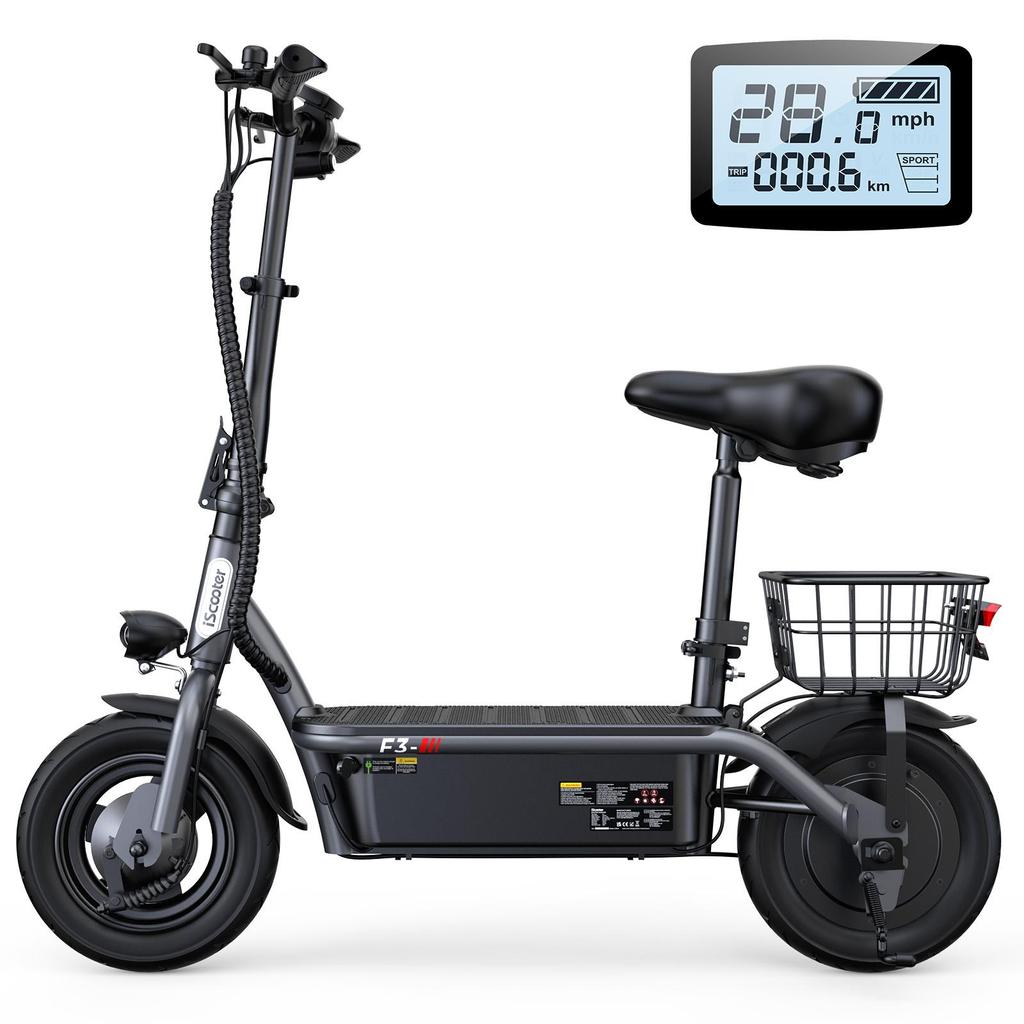 iScooter Elektroroller F3 Shopping-Scooter für Erwachsene, 1000 W, 45 km/h, 10 Zoll, zusammenklappbar, leicht, mit Sitz und Korb