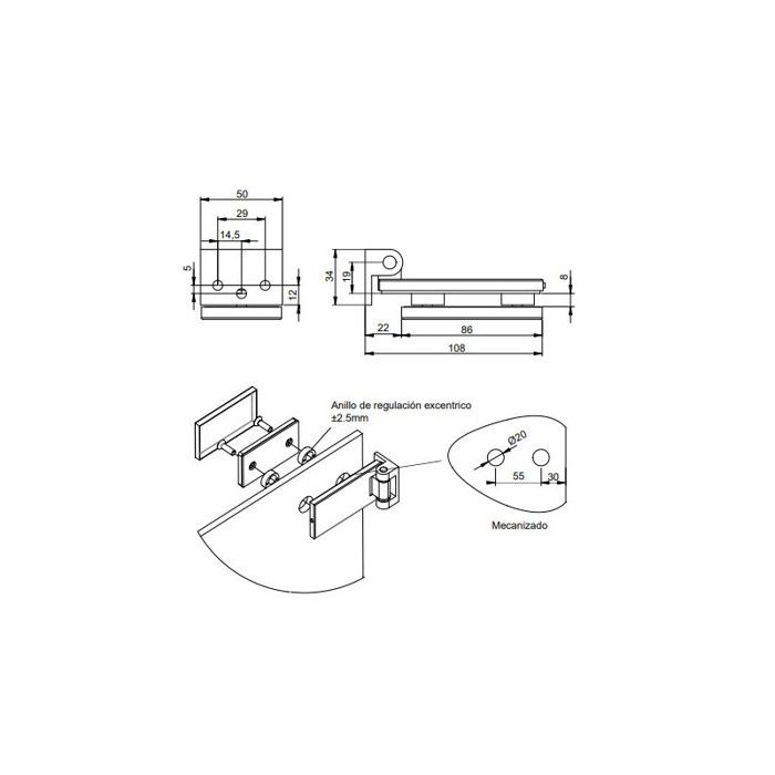Emuca charnière pour porte en verre avec garniture en acier inoxydable, charnière horizontale avec embout de 34mm, pour porte de