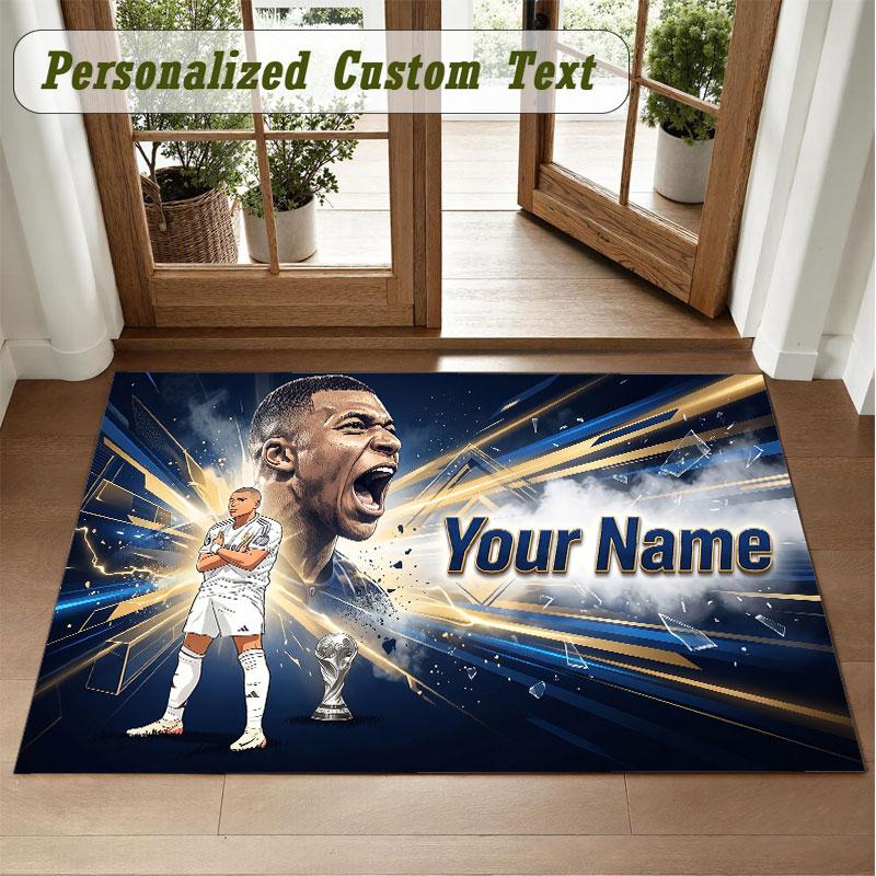 Crystal Velvet Square Rug Custom NameKylian Mbappe Pattern Non Slip Home Floor Decor Rug