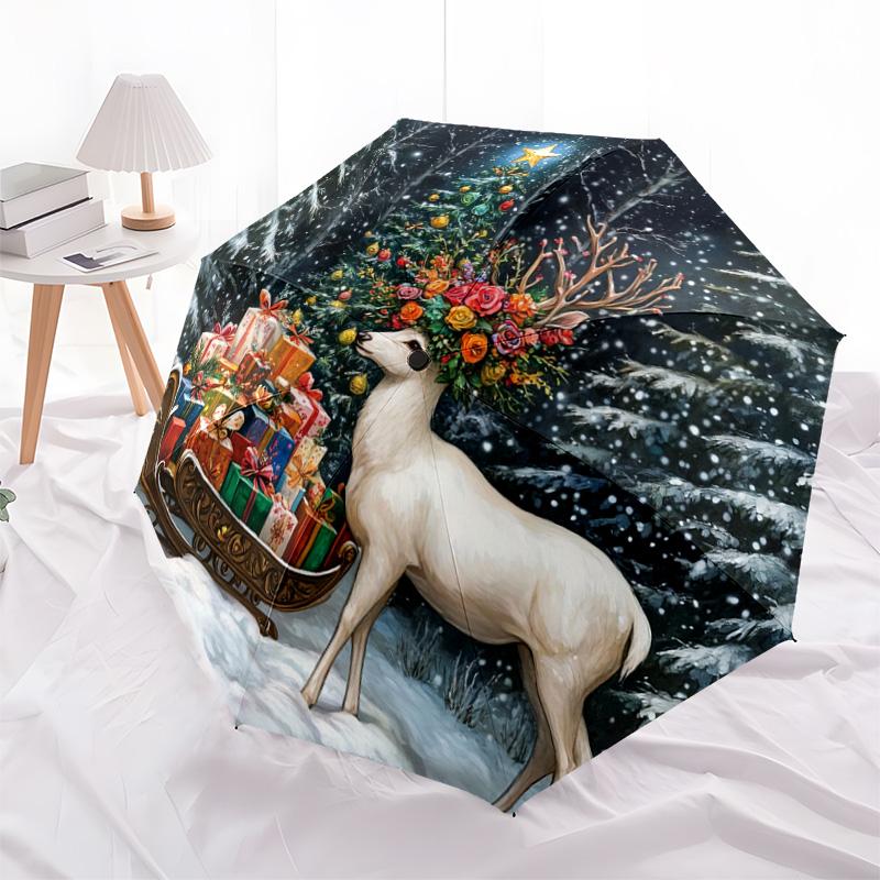 1 PC Automatic Folding Umbrella - Deer with Presents Pattern, Portable & Foldable Design with 8 Ribs, Christmas Birthday Gifts