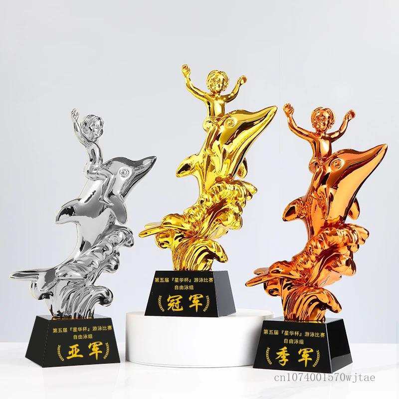 Customized Resin Dolphin Breaststroke Butterfly Swimming Crystal Base Trophy, Excellent Awards, Home Decor Craft, Lettering, 1Pc